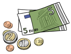 Zeichnung von 5 Euroscheinen und ein paar Münzen